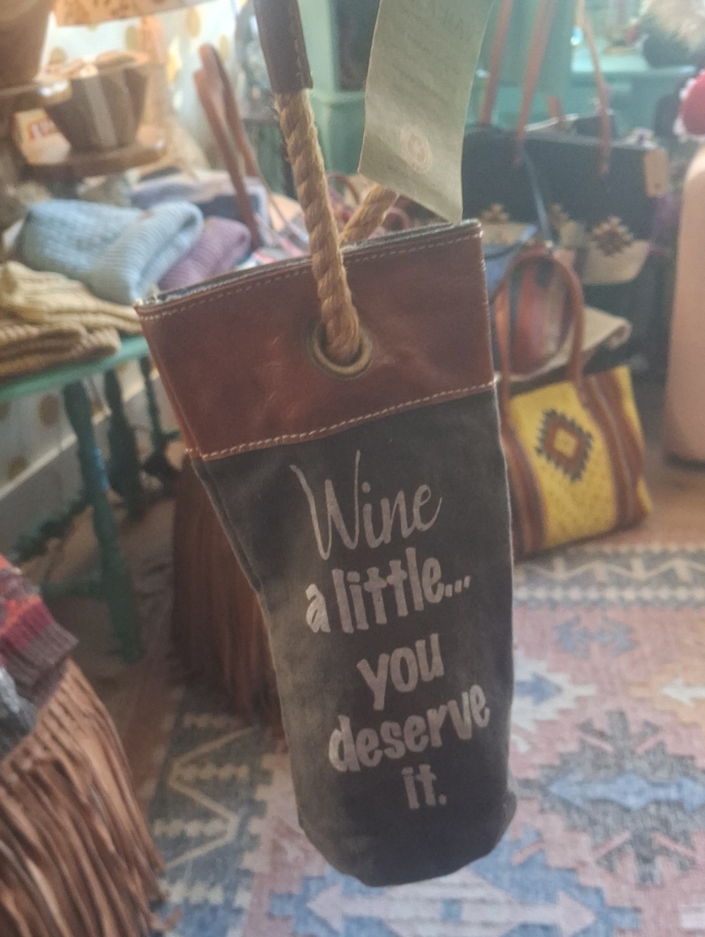 Wine Bottle Tote Bag with Rope Handle in Brown and Black